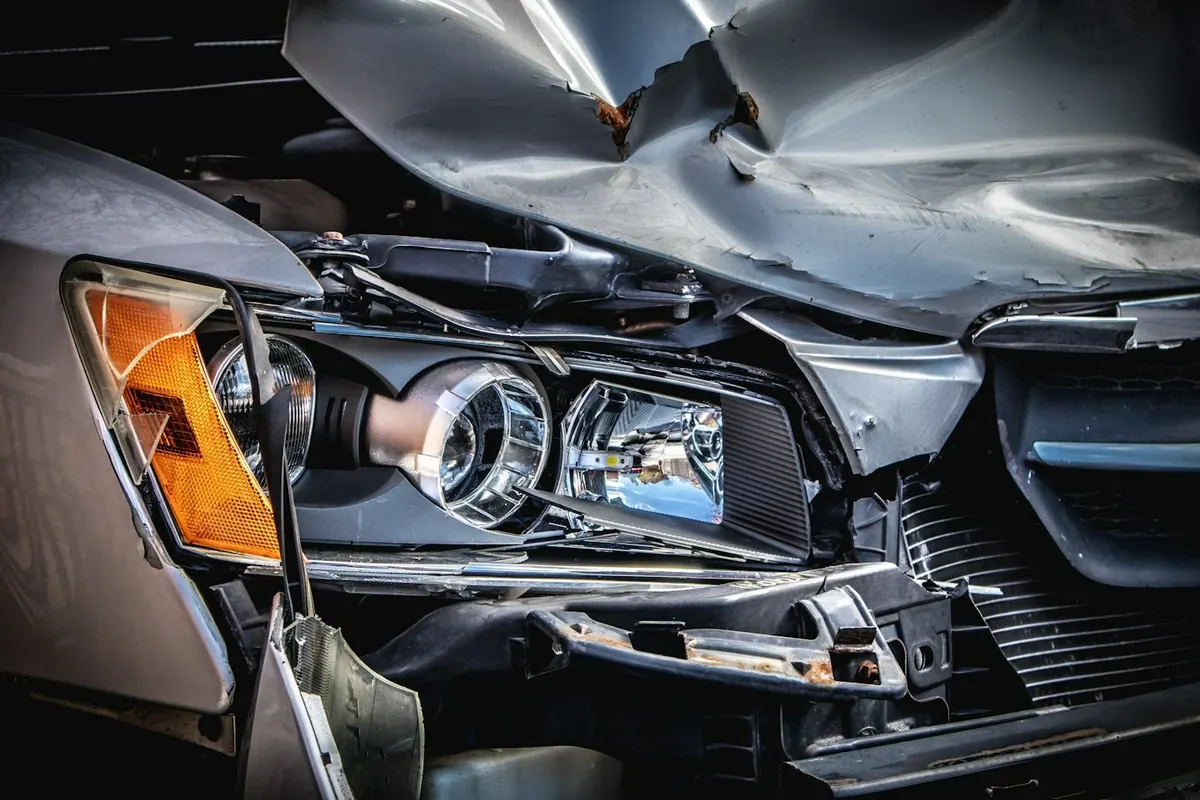 Front-end damage on a car after a crash