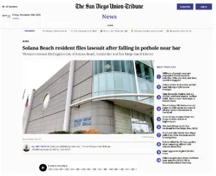 The San Diego Union-Tribune: Solana Beach resident files lawsuit after falling in pothole near bar