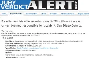 Jury Verdict Alert: Bicyclist and his wife awarded over $4.75 million after car driver deemed responsible for accident